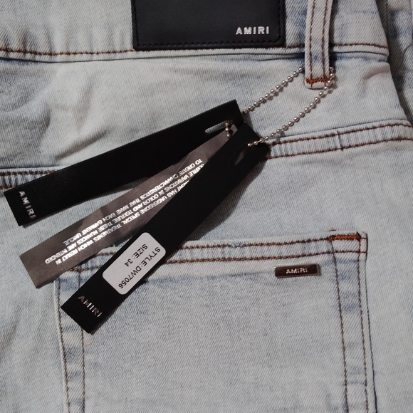 AMIRI Blue Straight Leg Jeans with Distressing and Embroidery